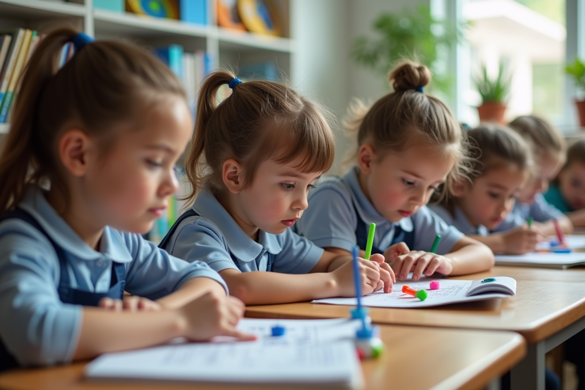 Enfants d école en groupe travaillant sur un projet scientifique