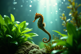 Hippocampe nageant parmi les plantes aquatiques vertes dans un aquarium lumineux
