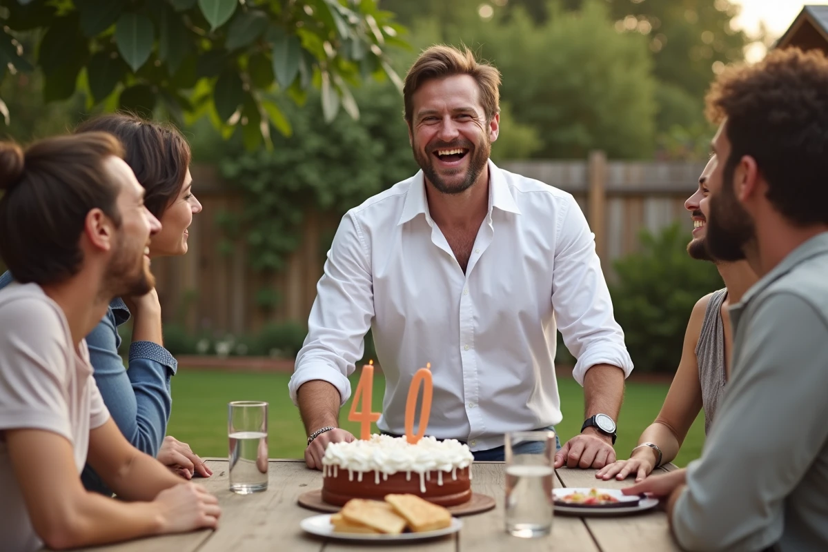 Homme de 40 ans riant avec amis lors d un pique-nique en plein air