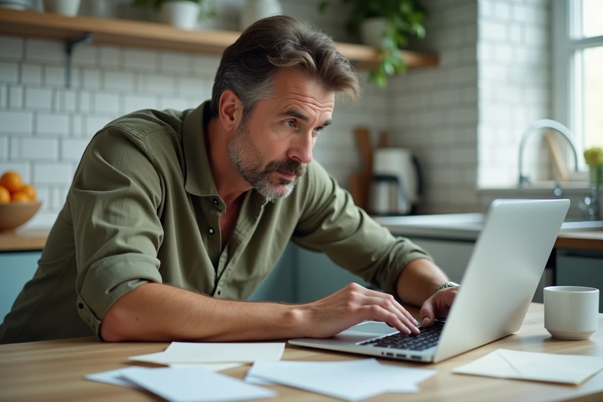 Homme concentré qui choisit un texte d'anniversaire personnalisé sur son ordinateur portable entouré de cartes et enveloppes sur une table de cuisine