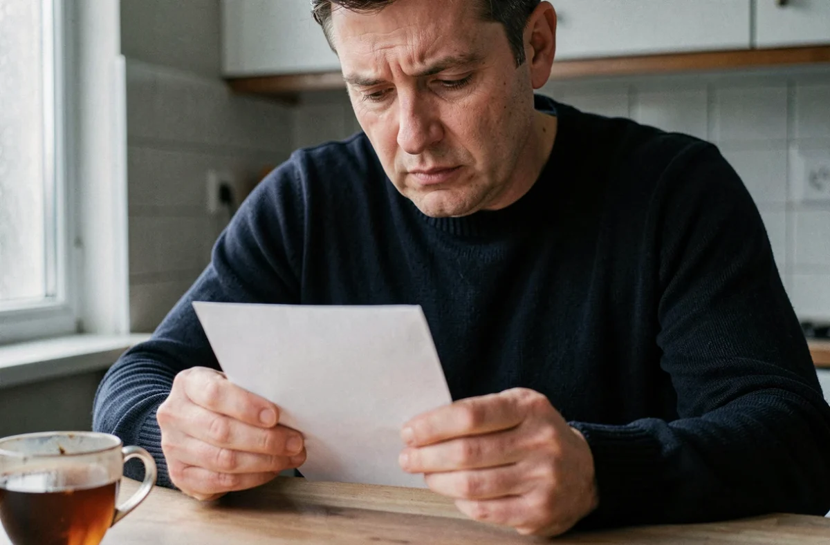 Homme tenant une enveloppe de lettre de deuil entre ses mains sur une table de cuisine, regard pensif et attristé