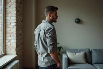 Homme évitant se retournant vers la fenêtre dans un appartement, exprimant hésitation et manque émotionnel