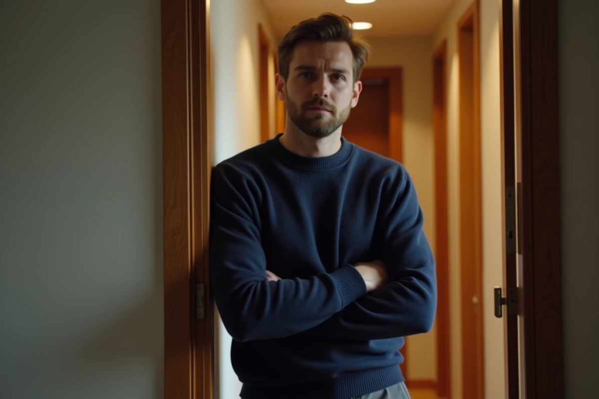 Homme appuyé contre un encadrement de porte avec une expression ambivalente symbolisant le retour de l'homme évitant