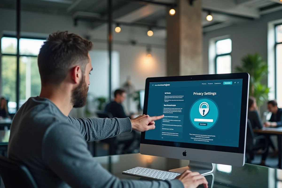 Homme consultant les paramètres de protection des données sur un site web en entreprise