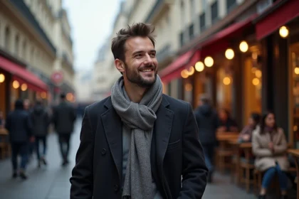 Homme souriant dans une rue parisienne authentique