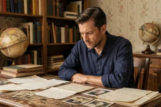 Homme pensif examinant de vieux documents familiaux et archives généalogiques sur un bureau en bois ancien