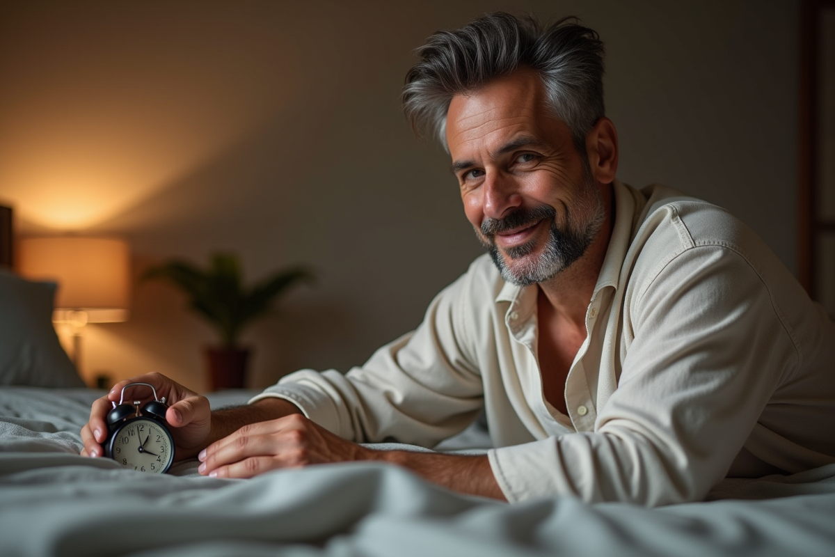 Homme d age moyen réglant son réveil dans sa chambre