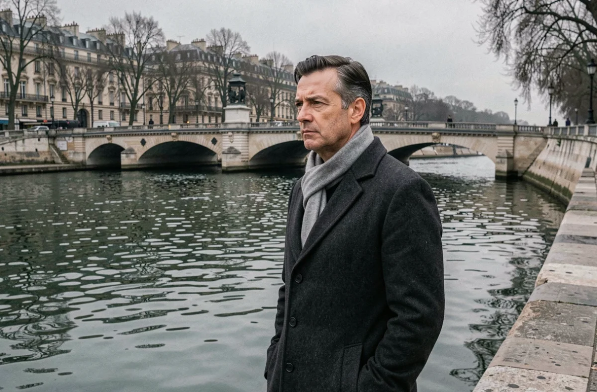 Homme seul en manteau sombre regardant la Seine à Paris en hiver, atmosphère de recueillement et de souvenir douloureux