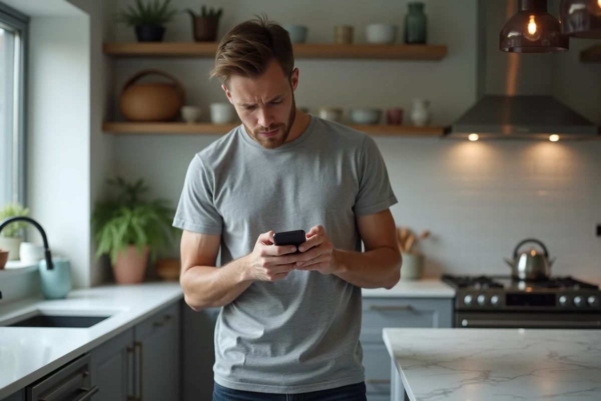 Homme consultant son smartphone avec scepticisme dans une cuisine moderne, vérifiant des informations en ligne