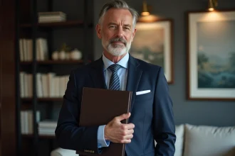Homme d'âge moyen en costume navy dans un salon moderne