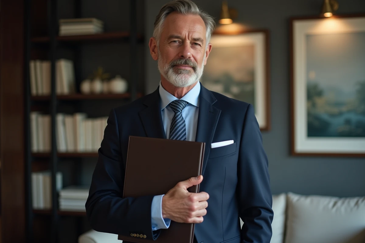 Homme d'âge moyen en costume navy dans un salon moderne