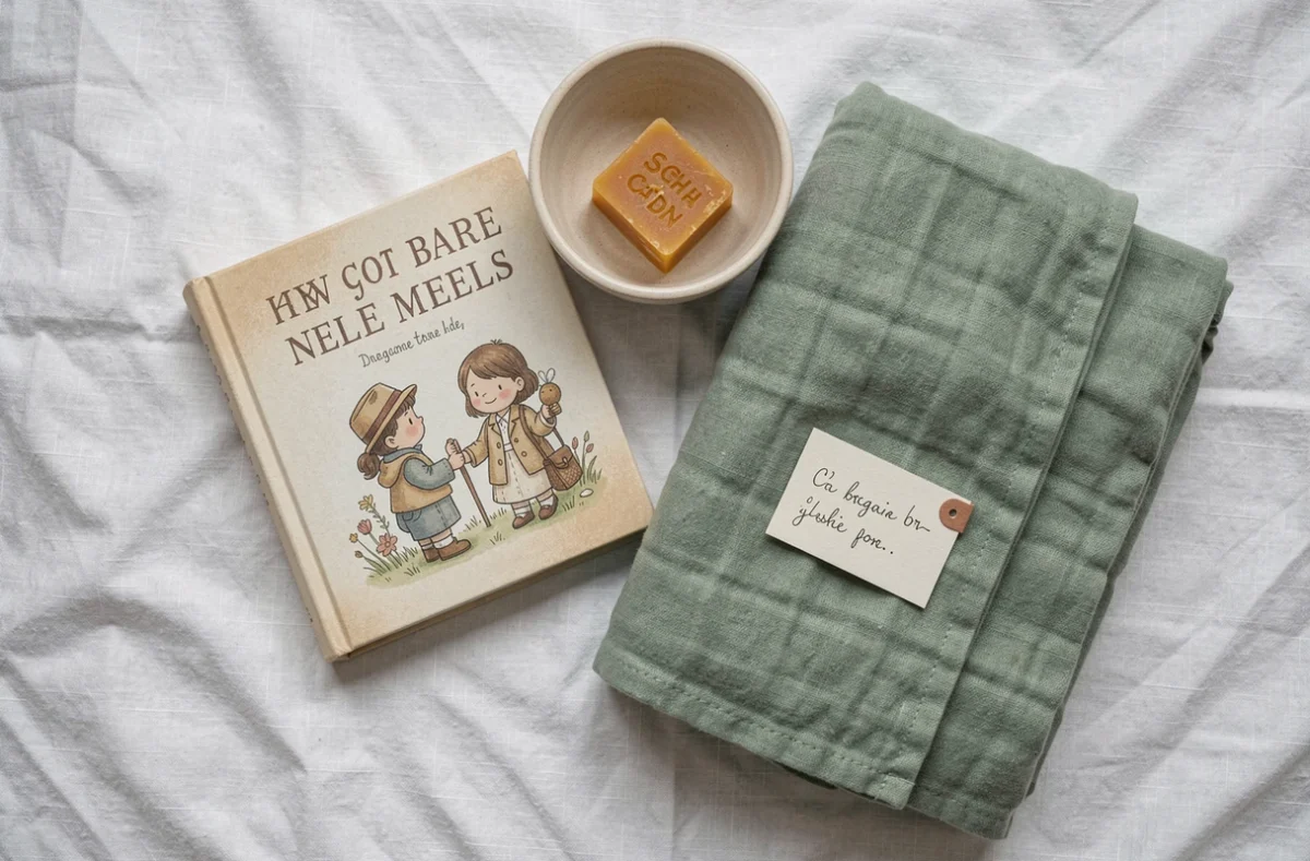 Flat lay de cadeaux de naissance originaux et durables incluant un livre illustré, une bougie en cire d'abeille et un lange en coton bio vert sauge