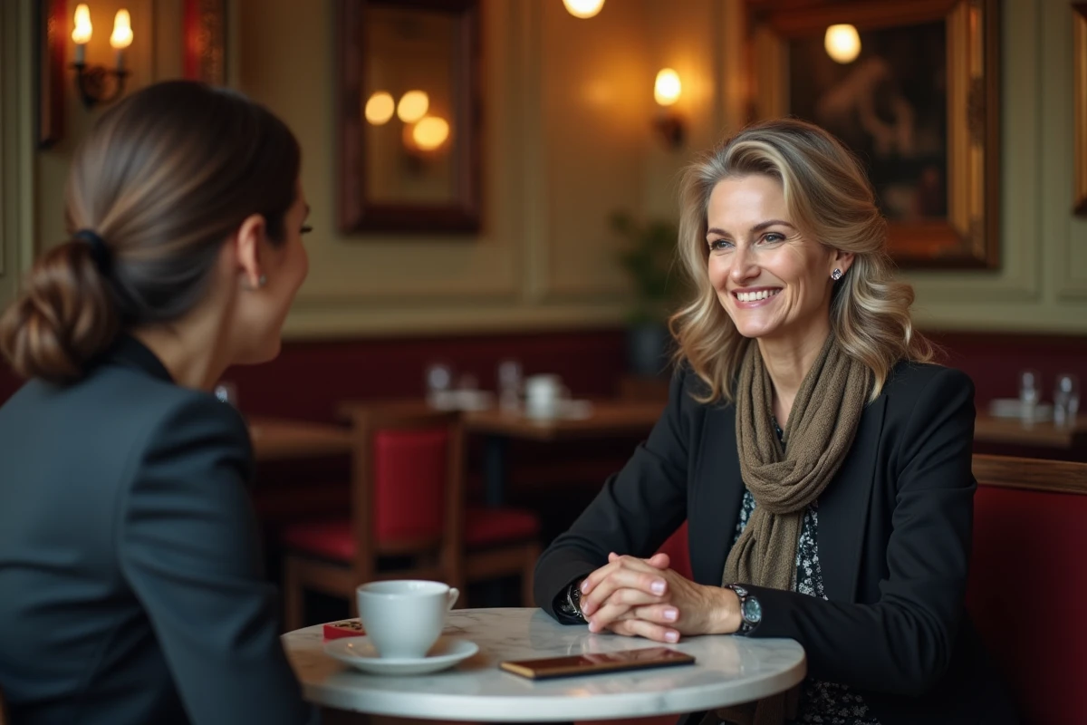 Femme médiatique en interview dans un café parisien, abordant sa vie de famille et ses enfants avec sérénité