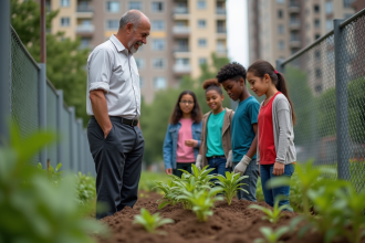 Homme aidant des adolescents dans un jardin communautaire urbain