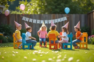 Groupe d'enfants jouant à la chaise musicale lors d'un anniversaire en plein air sans écrans