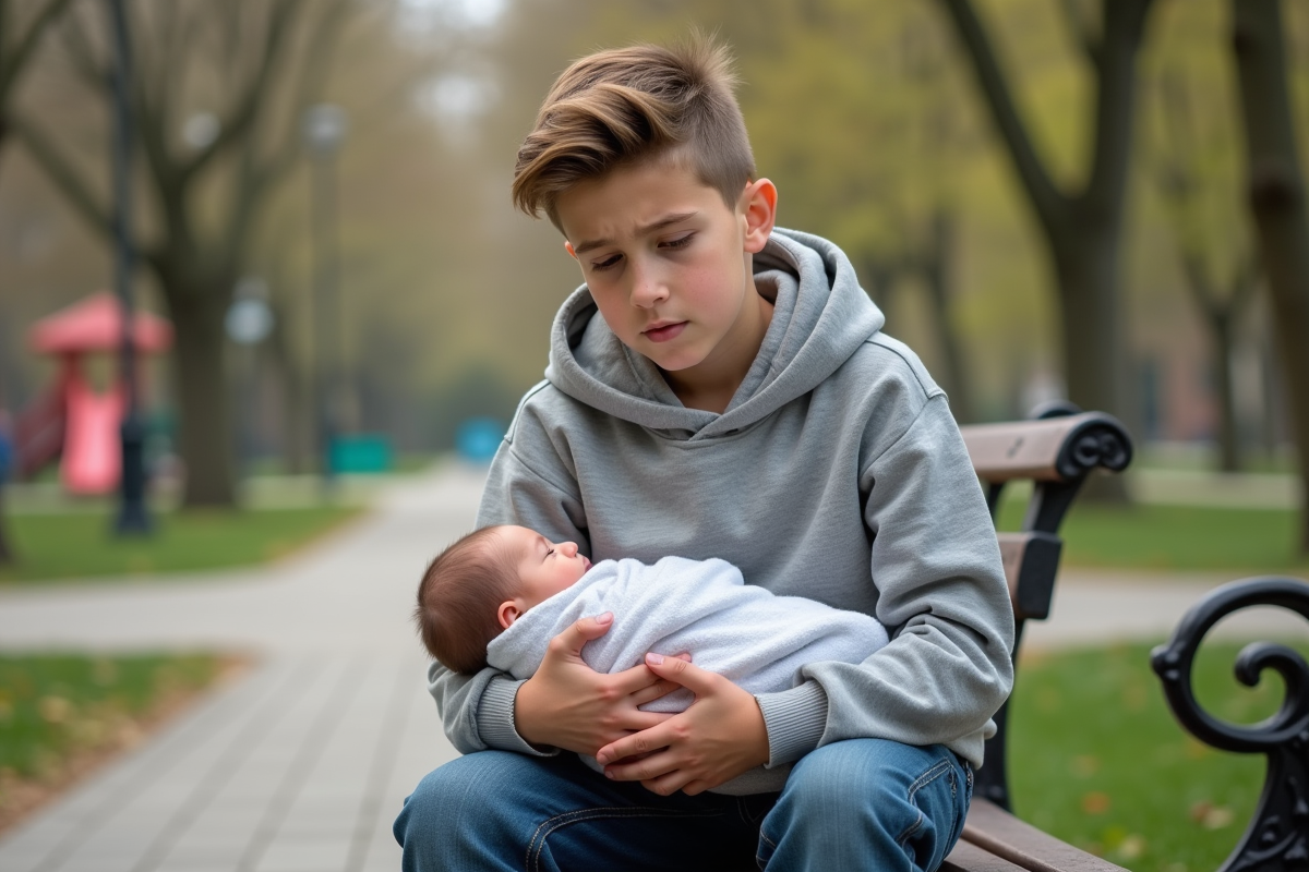 Jeune garçon fier tenant un bébé dans un parc au printemps
