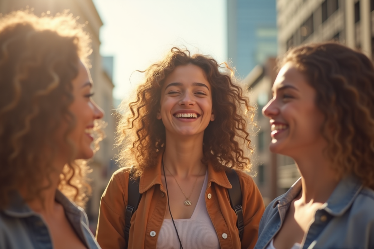 Jeune femme souriante avec amis dans la ville en plein air