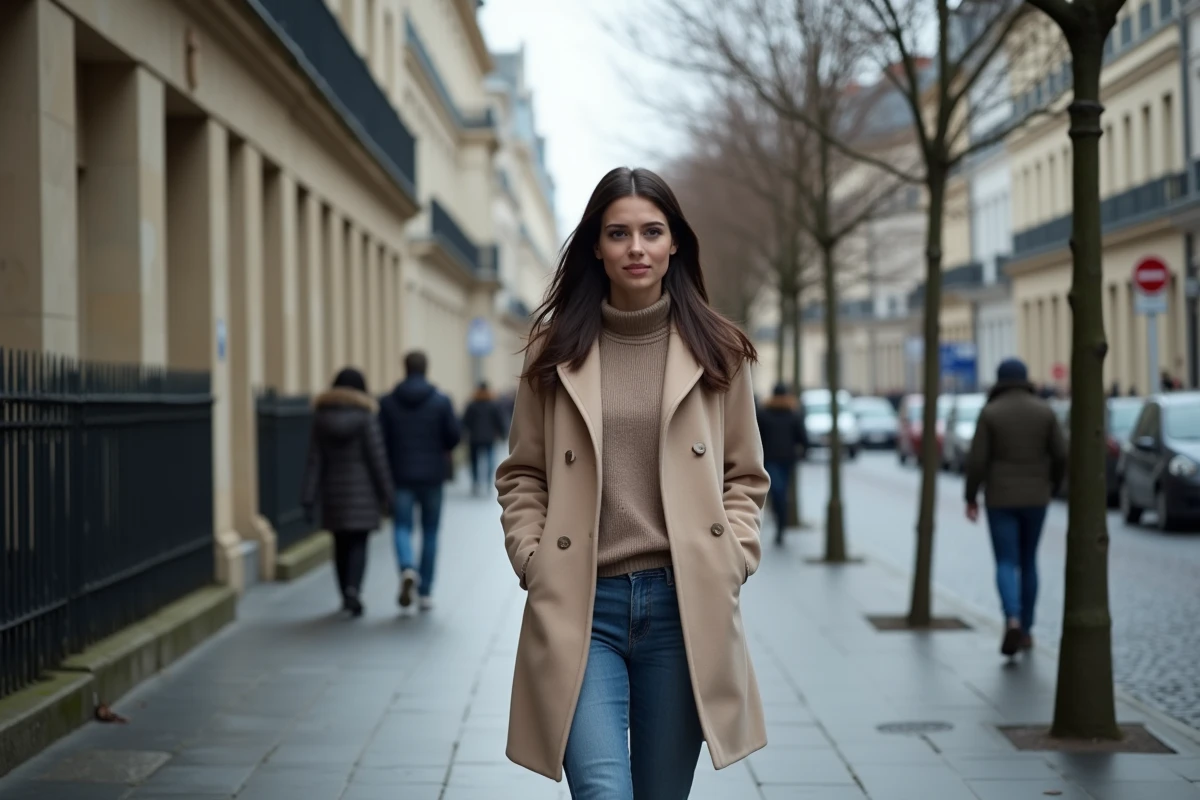 Jeune femme française marchant sur un trottoir parisien en automne dans un style journalistique