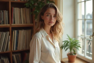 Jeune femme aux traits expressifs évoquant une ressemblance familiale frappante dans un appartement parisien chaleureux