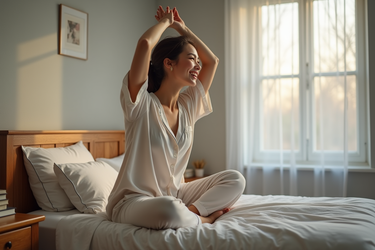 Jeune femme en pyjamas souriante au réveil dans sa chambre