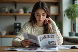 Jeune femme regardant des brochures d'abonnement magazine
