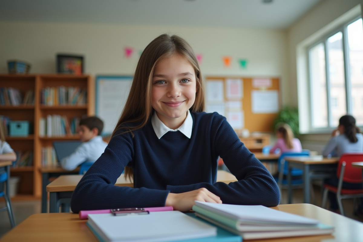 Jeune fille concentrée organise ses notebooks dans une classe moderne