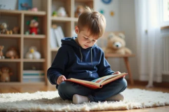 Jeune garçon lisant un livre illustré dans un salon nordique chaleureux et décoré de jouets