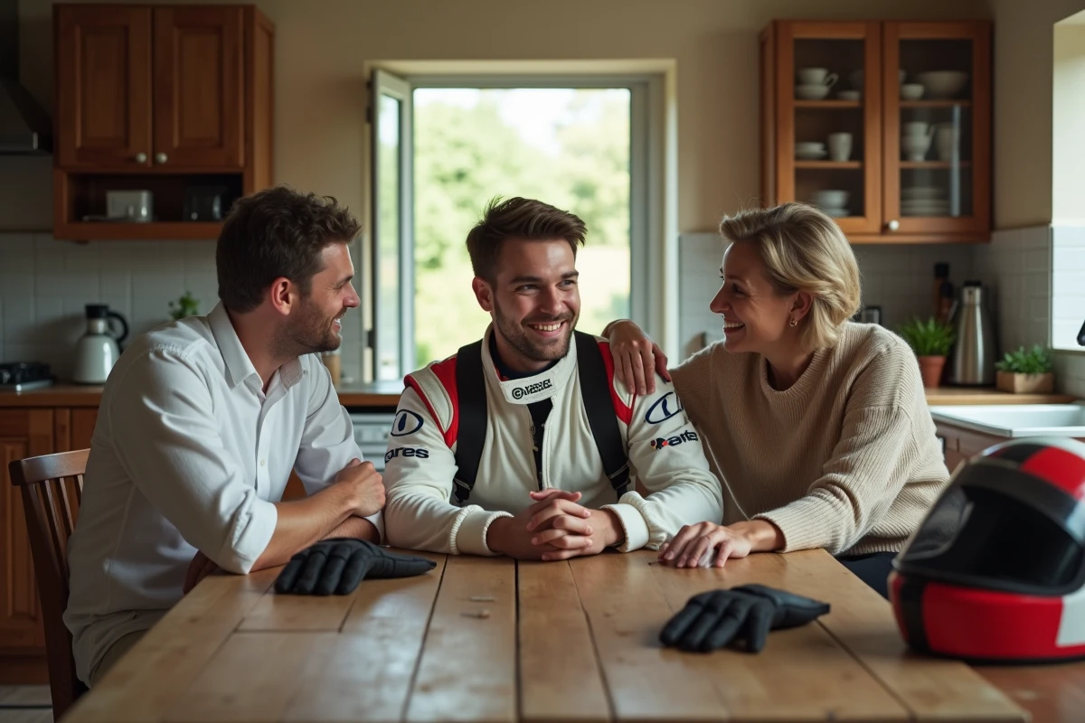 Jeune homme en combinaison de course avec ses parents à la table