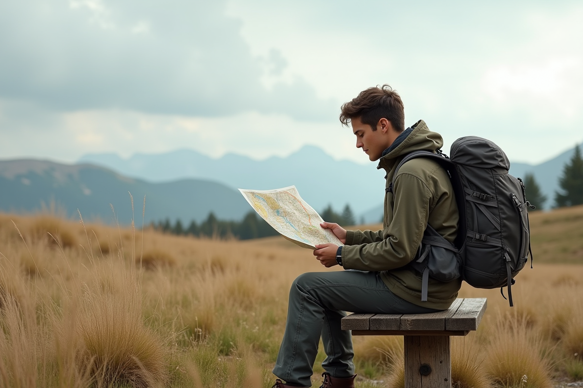 Jeune homme avec carte en pleine nature en randonnée