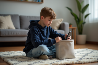 Adolescent assis sur un tapis dans un salon moderne avec son smartphone