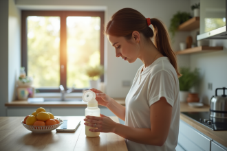 Jeune maman travaillant dans une cuisine moderne pour stocker du lait