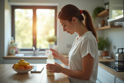 Jeune maman travaillant dans une cuisine moderne pour stocker du lait