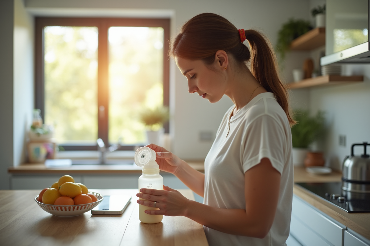 Jeune maman travaillant dans une cuisine moderne pour stocker du lait