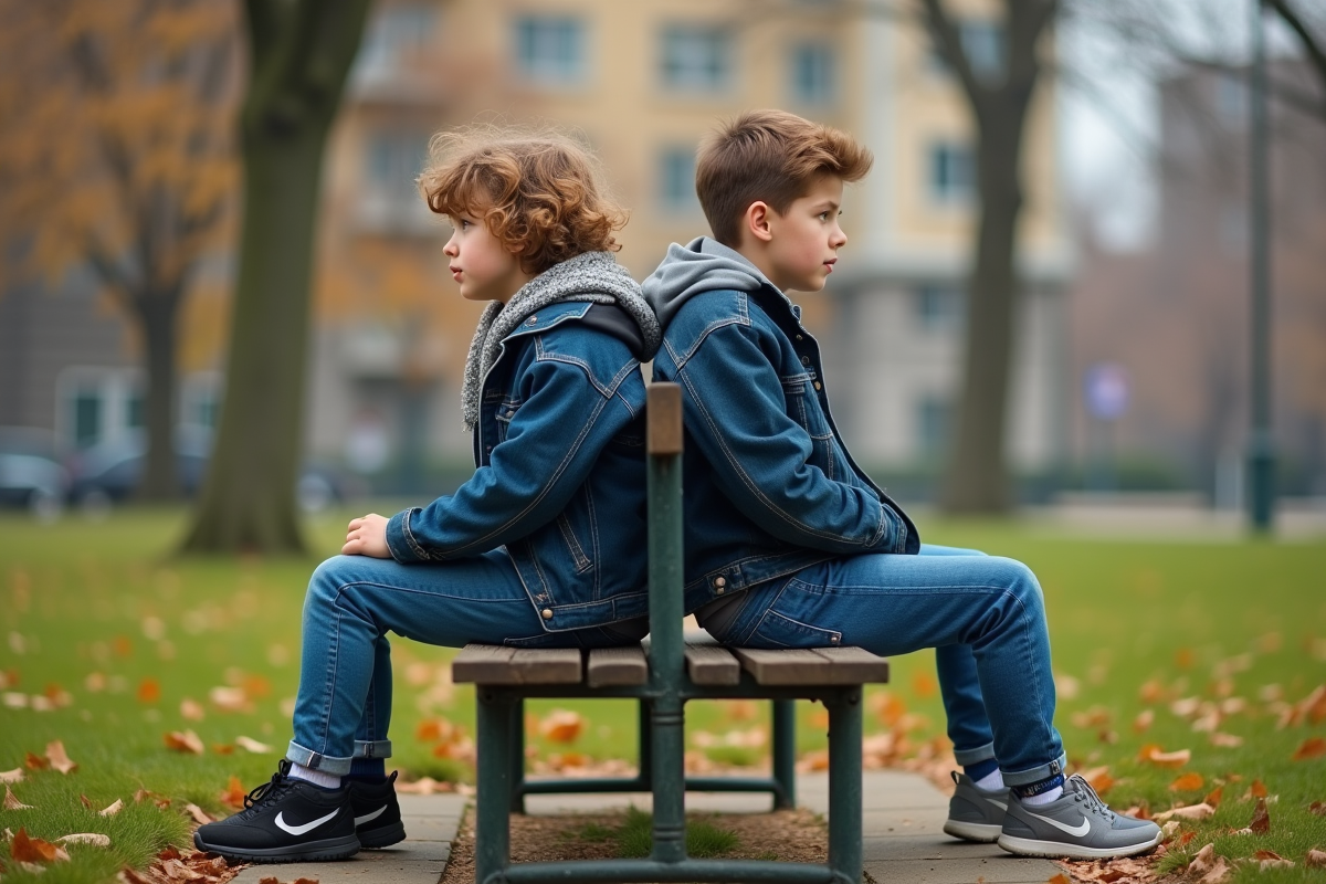 Adolescents assis dos à dos sur un banc dans un parc