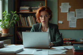 Femme journaliste analysant des informations sur les réseaux sociaux, entourée d'articles imprimés sur son bureau