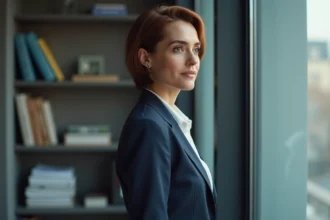 Journaliste française en blazer marine dans une salle de rédaction parisienne, regard discret et posture professionnelle