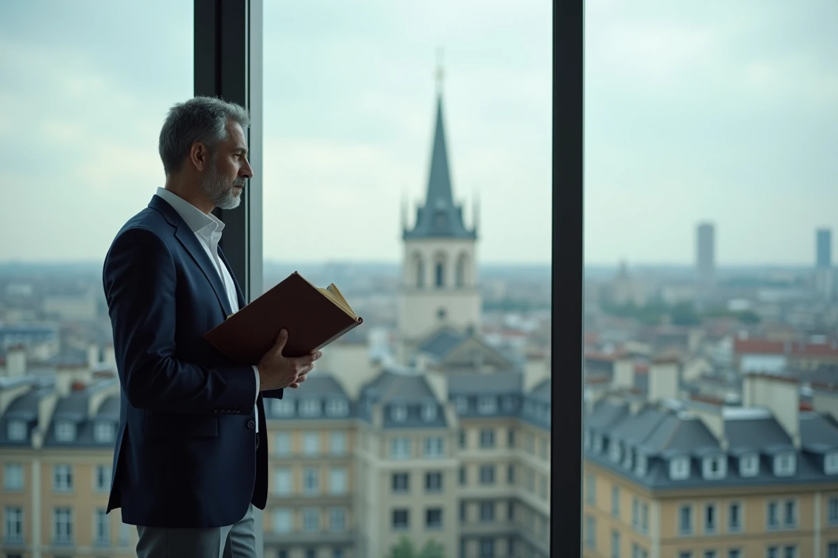 Homme d'affaires ou journaliste d'origine moyen-orientale debout devant une fenêtre avec vue sur une ville européenne, évoquant un parcours façonné par ses racines culturelles