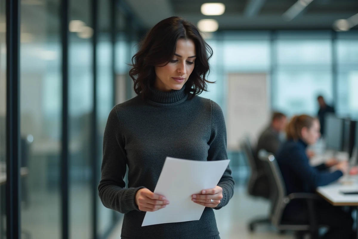 Journaliste femme traversant une rédaction moderne avec un script en main, illustrant le quotidien professionnel d'une personnalité des médias radio