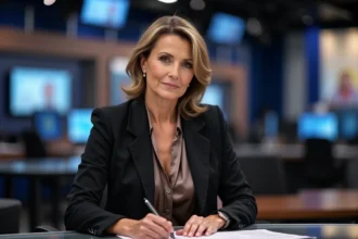 Journaliste professionnelle en studio de télévision, veste sombre élégante, attitude concentrée avant une émission
