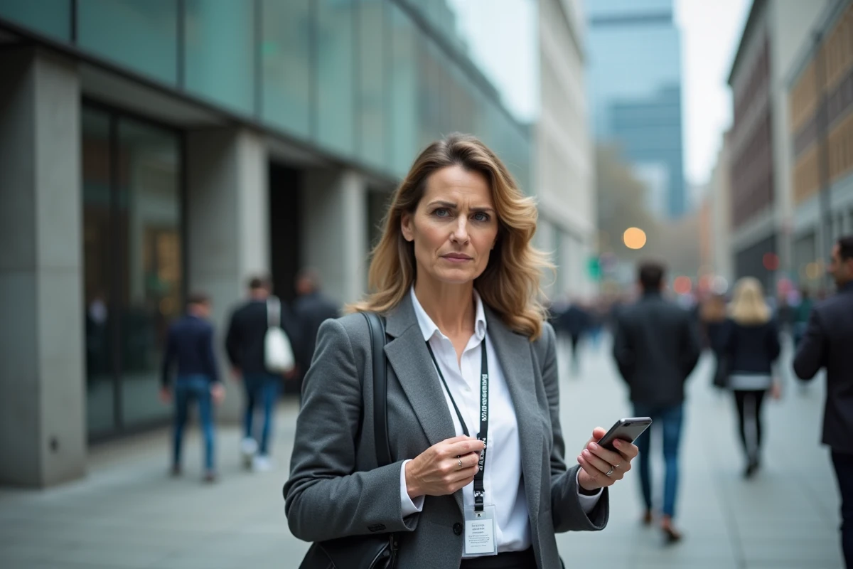 Journaliste femme devant un immeuble de presse remarquant qu'elle est photographiée, évoquant la frontière entre vie publique et vie privée