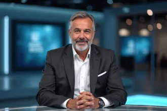 Journaliste d'origine moyen-orientale en costume gris devant un plateau de télévision moderne, illustrant le parcours multiculturel d'un présentateur vedette