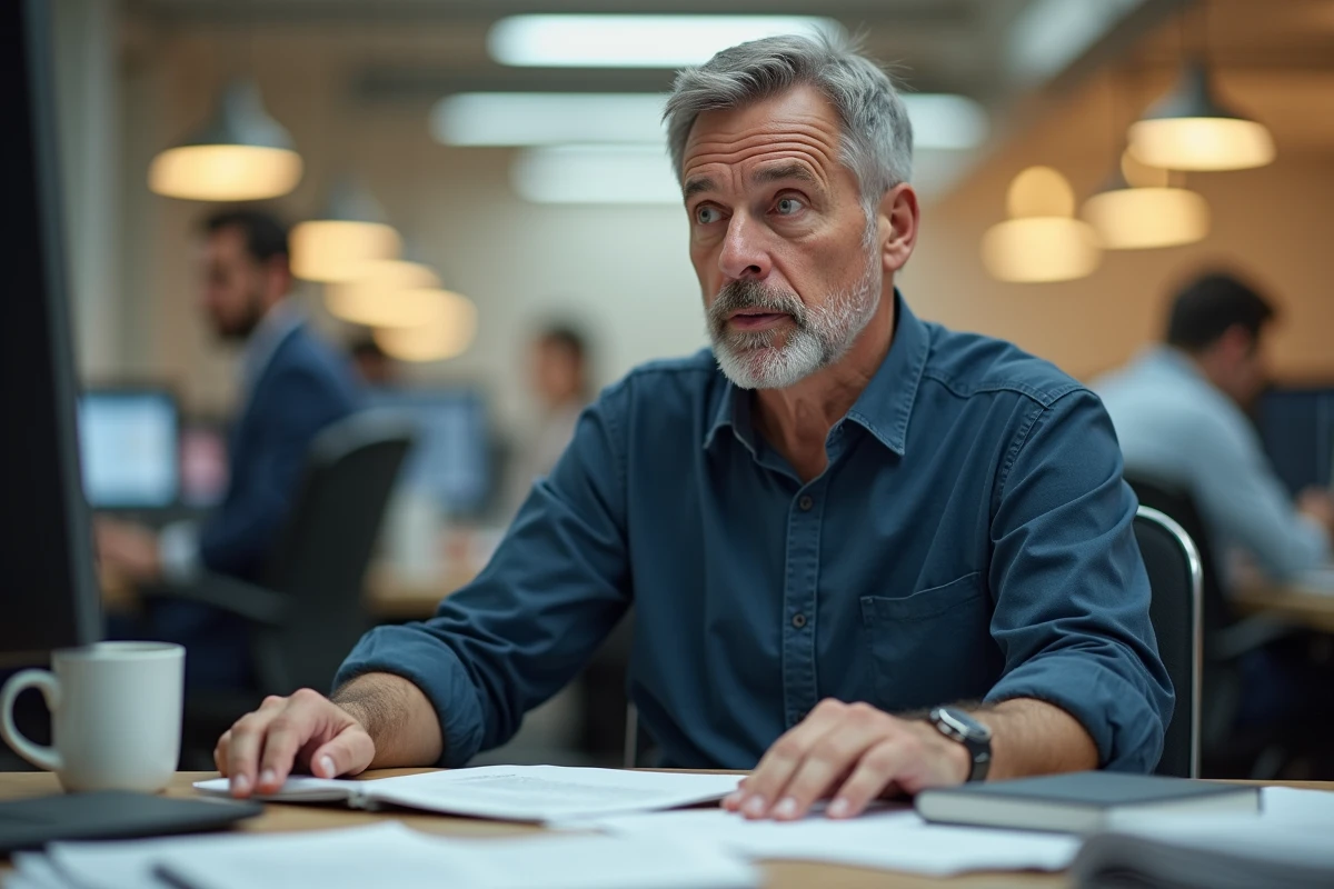 Journaliste homme assis dans une salle de rédaction réfléchissant à son bureau encombré, illustrant la vie professionnelle et privée des journalistes