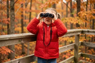 Petite fille de 4 ans utilisant des jumelles enfant sur une terrasse en bois entourée de forêt automnale
