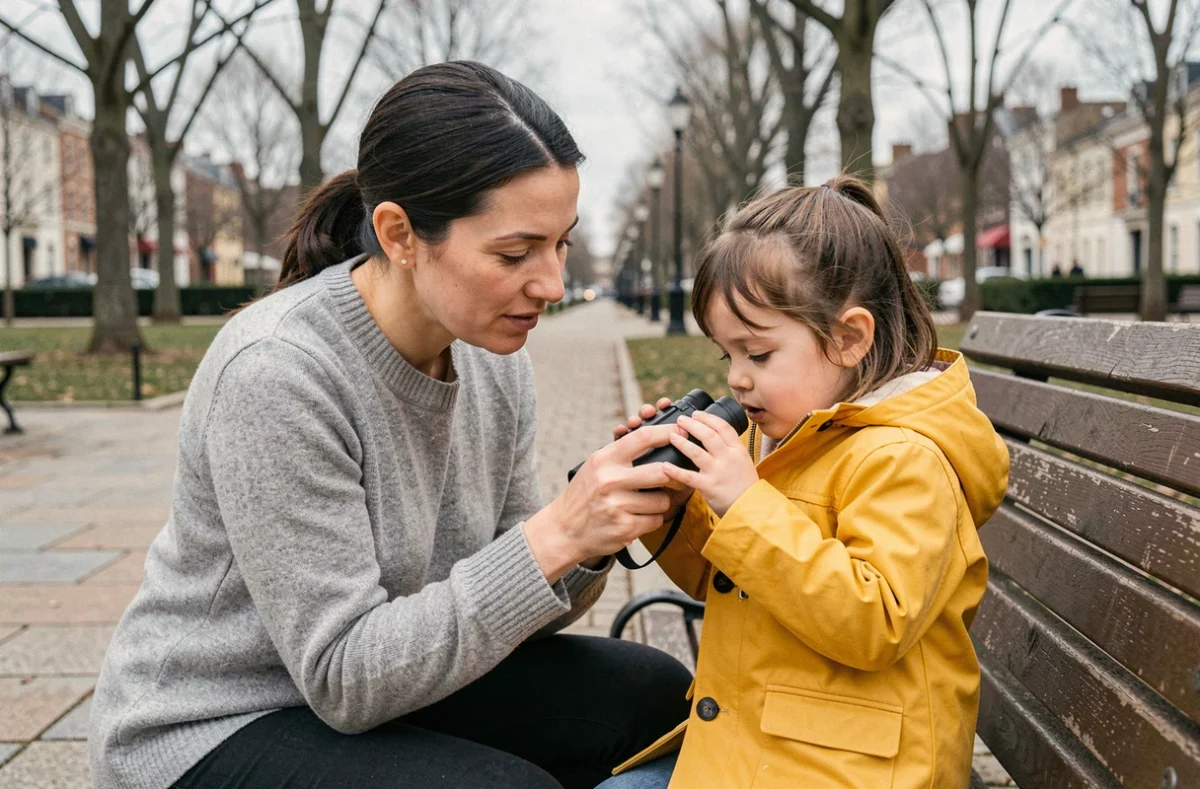 Mère aidant sa fille de 3 ans à tenir des jumelles enfant sur un banc dans un parc urbain