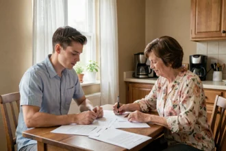 Jeune adulte et sa mère examinant un justificatif de domicile à la table de cuisine pour une demande de carte d'identité