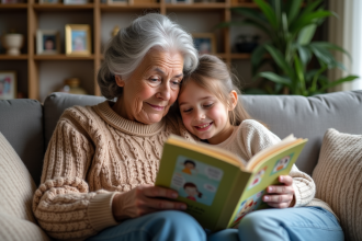 Une grand-mère lit à une petite fille dans un salon chaleureux
