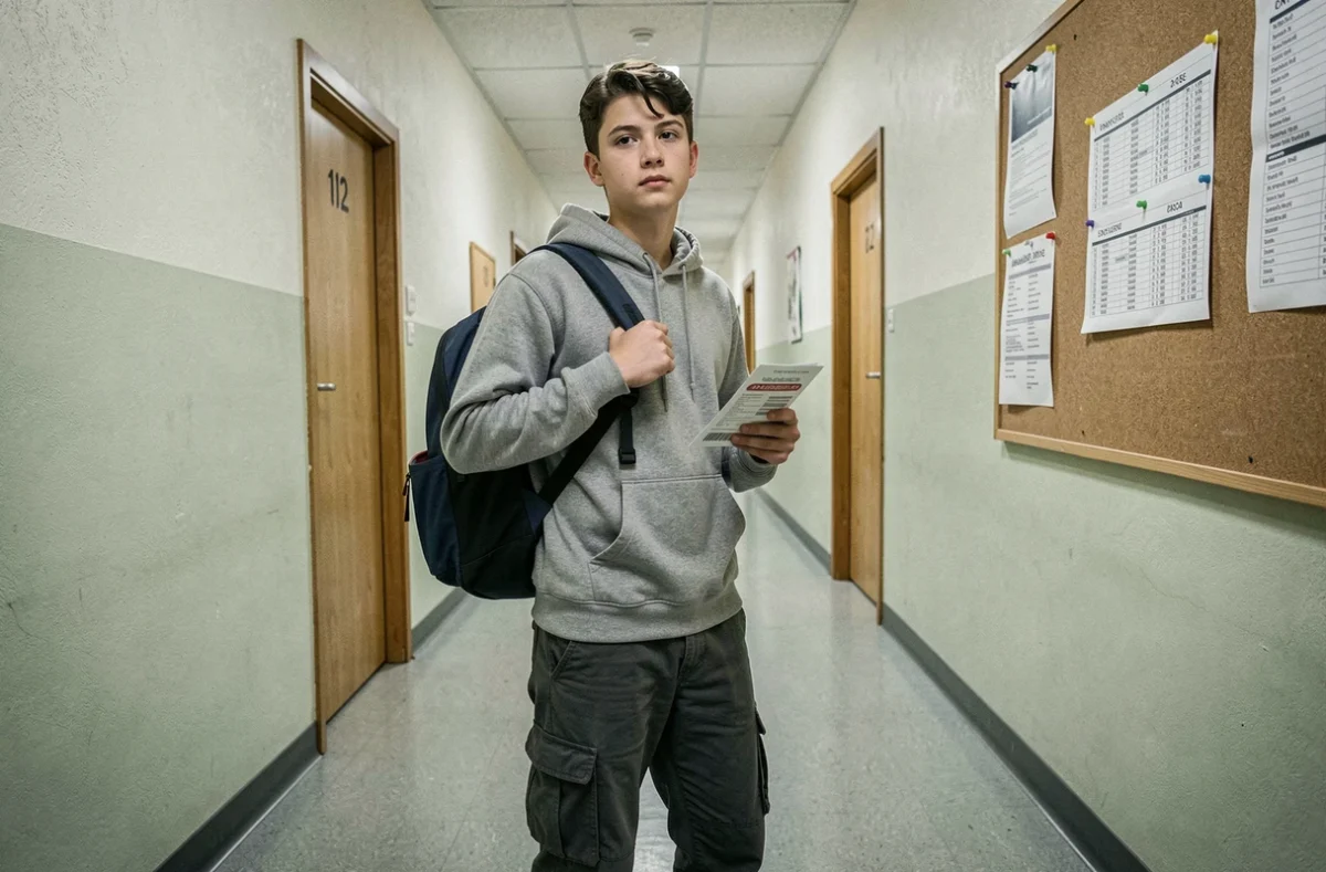 Lycéen interne dans le couloir de son internat tenant un carnet de tickets repas, illustration des frais de pension scolaire et leur impact fiscal pour les familles