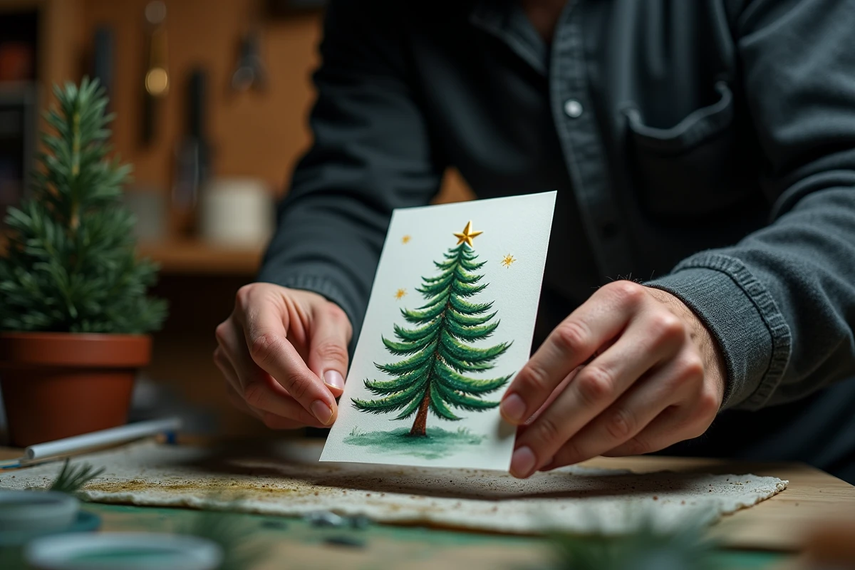 Mains masculines tenant une carte de Noël aquarelle peinte à la main avec motif sapin en atelier
