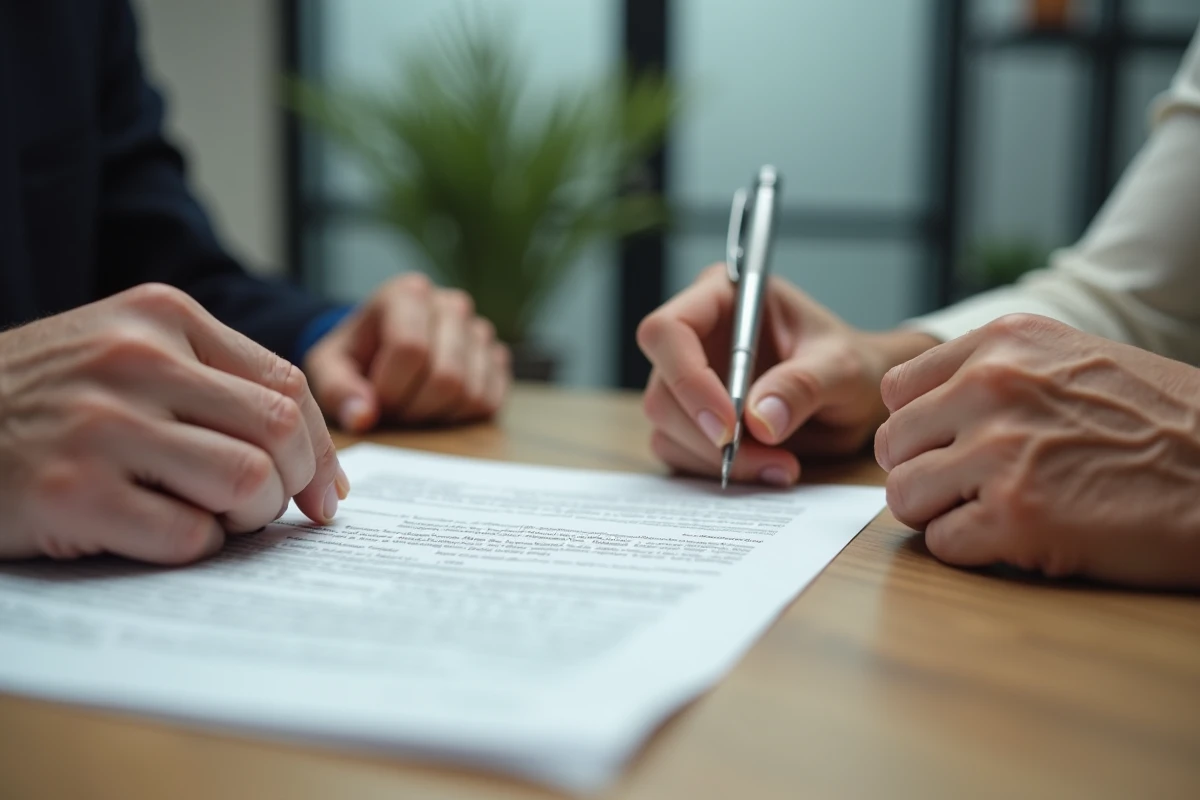 Gros plan sur les mains d'une personne âgée et d'un accompagnateur près d'un formulaire juridique, symbolisant la relation de confiance entre le majeur protégé et son curateur ou tuteur dans le cadre légal.