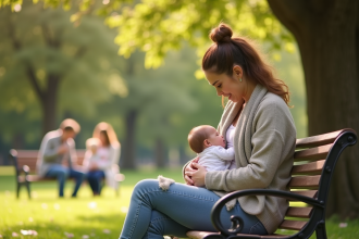 Maman confiante allaitant son bébé dans un parc ensoleille